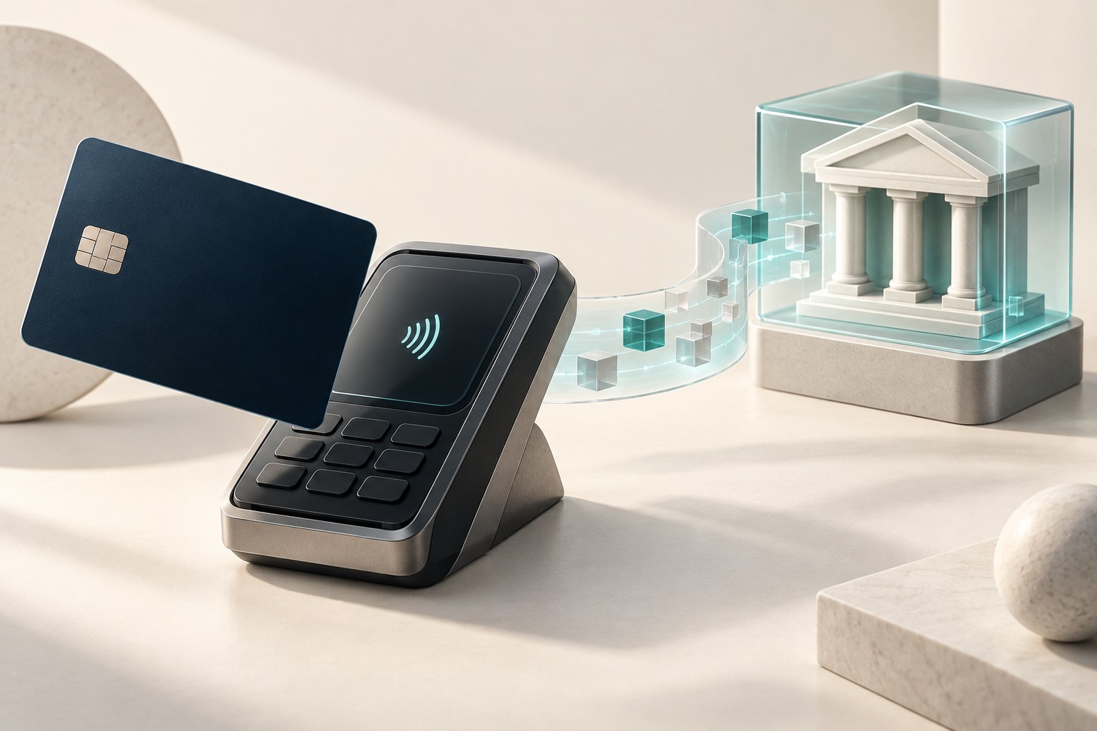 AI-generated illustration of a payment card and terminal connected by a digital ledger pathway to a stylized bank.