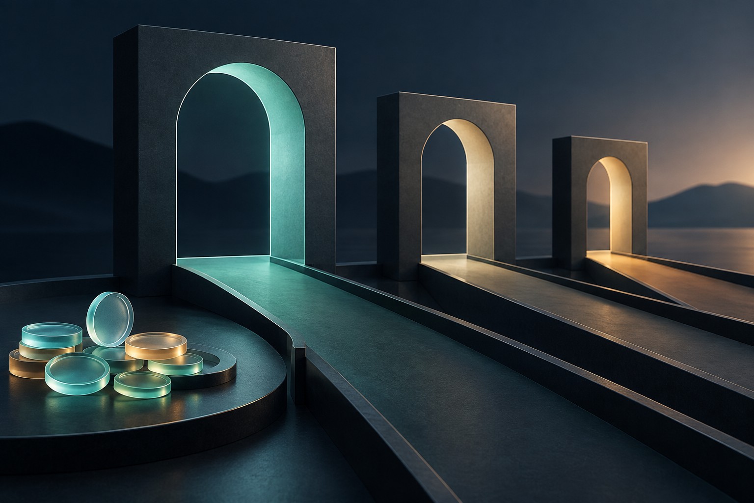 AI-generated illustration of unbranded tokens beside separate pathways and gateways, symbolizing a phased withdrawal process.