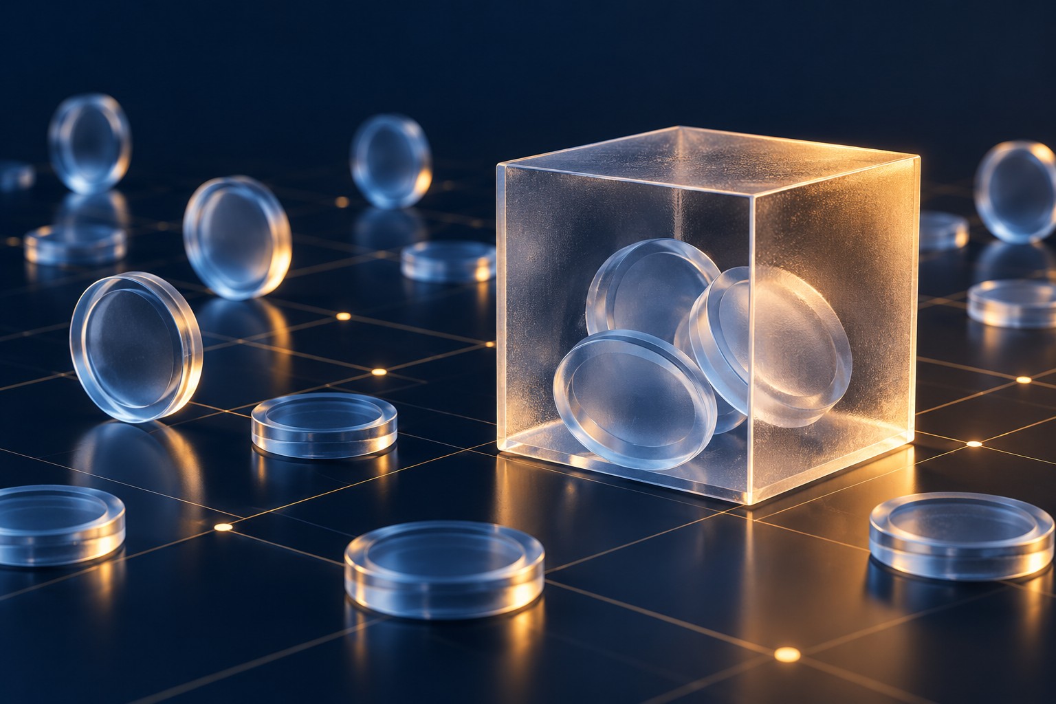 AI-generated illustration of unbranded tokens enclosed in a glass cube on a digital network, representing asset freezes.