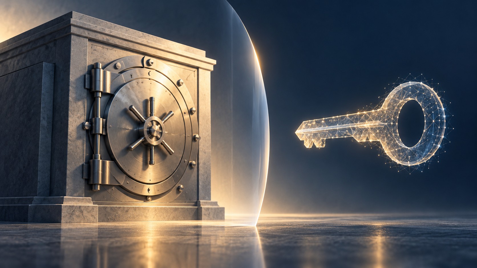 AI-generated illustration of a secure vault and a separate digital key, symbolizing custody and control.