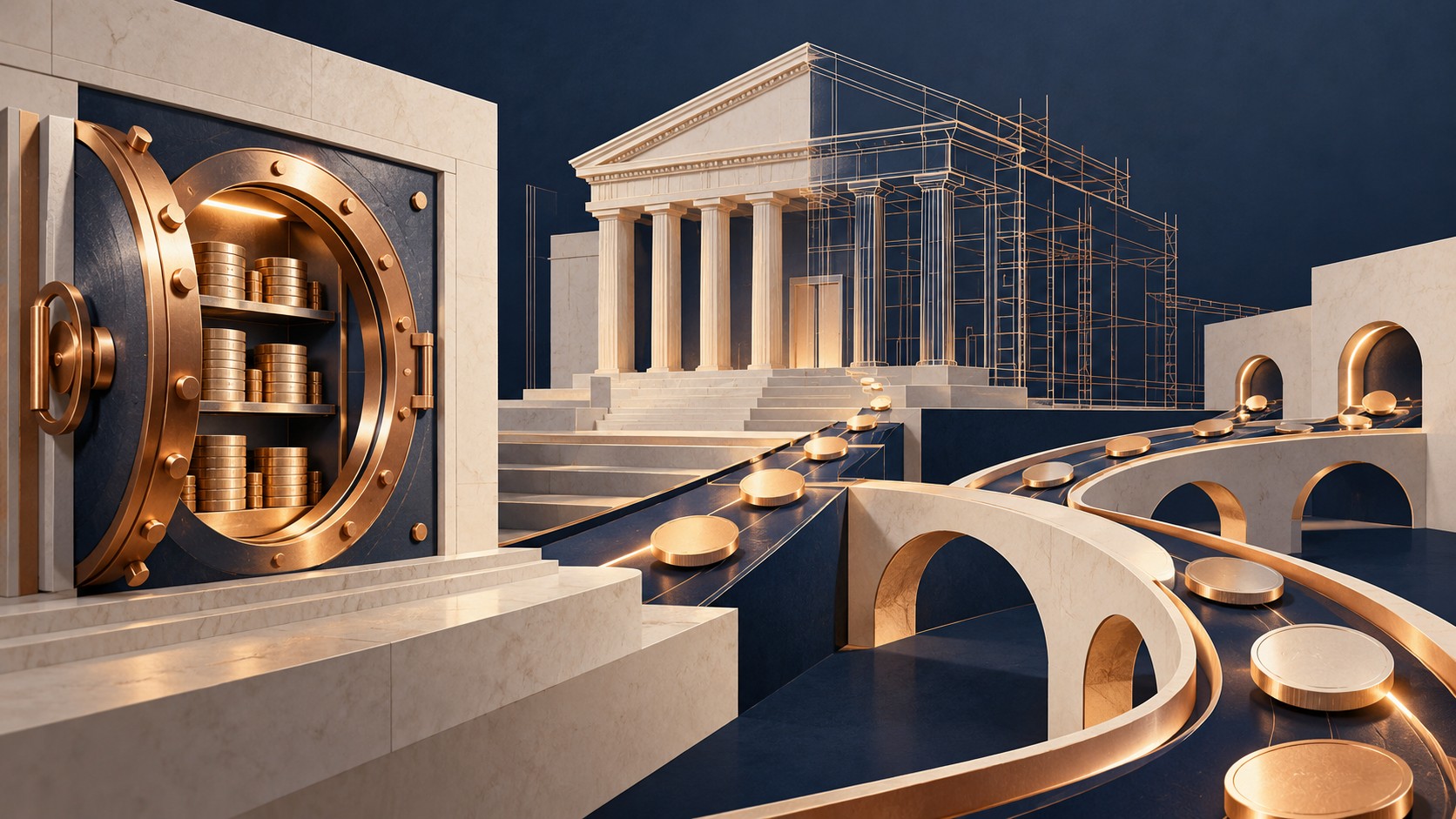 AI-generated illustration of a vault, token payment pathways and an unfinished bank outline, representing proposed custody infrastructure.